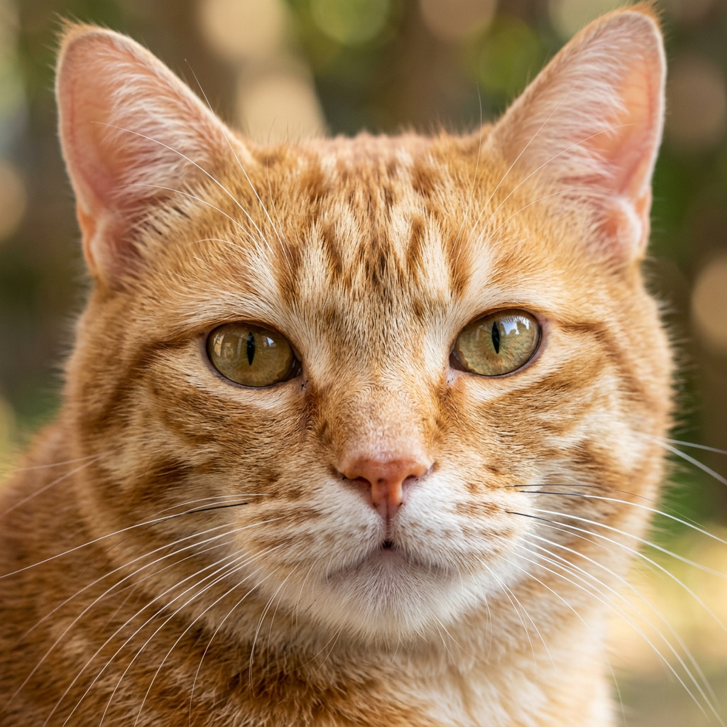 Close-up portrait of a golden tabby cat with green eyes