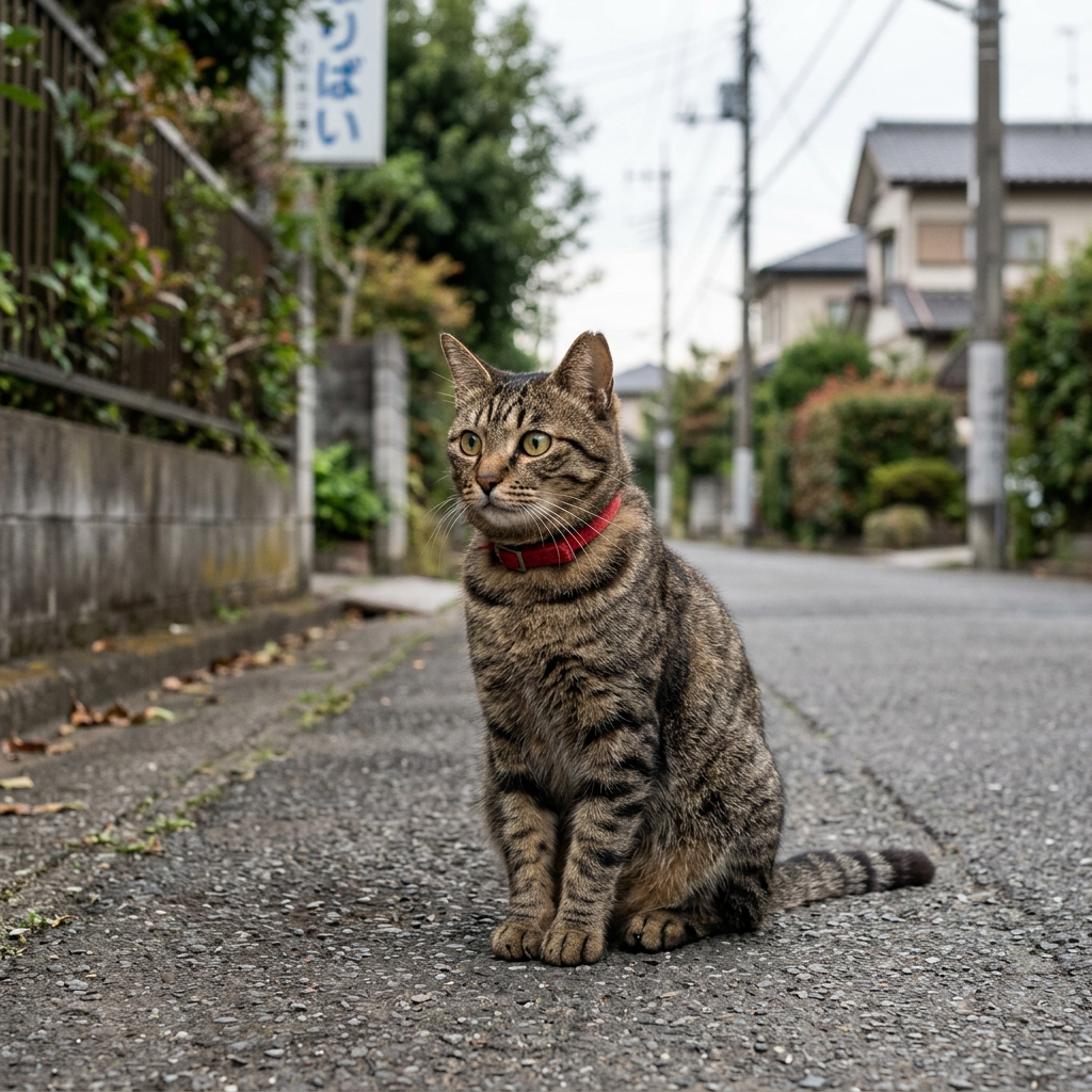 Tabby cat with red collar sitting on a residential street